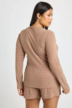 Ensemble Pyjama Grande Taille Côtelé Rayé Haut Manches Longues & Short