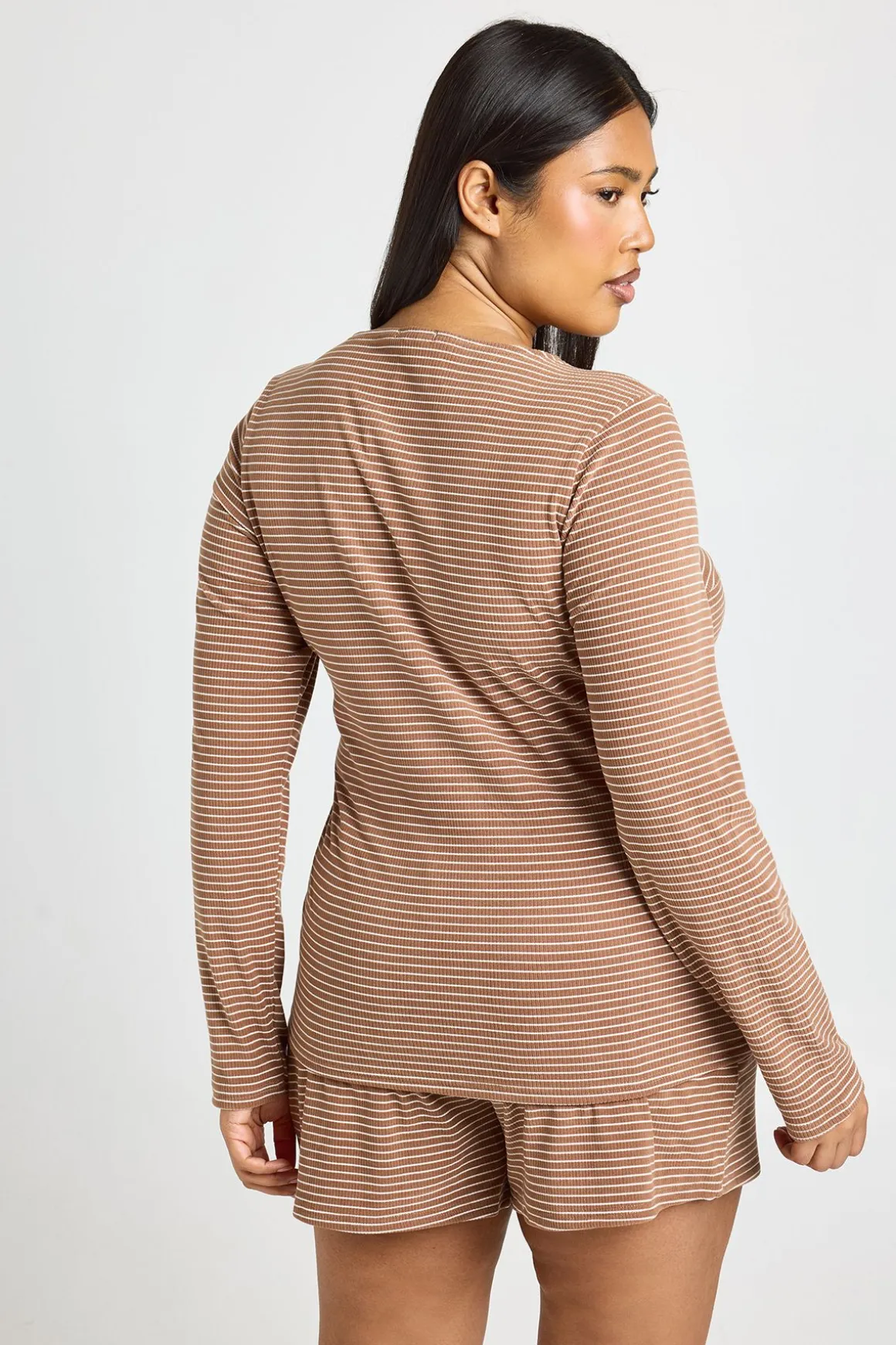 Ensemble Pyjama Grande Taille Côtelé Rayé Haut Manches Longues & Short
