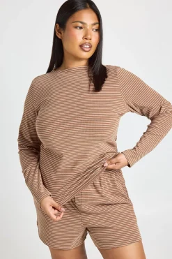 Ensemble Pyjama Grande Taille Côtelé Rayé Haut Manches Longues & Short