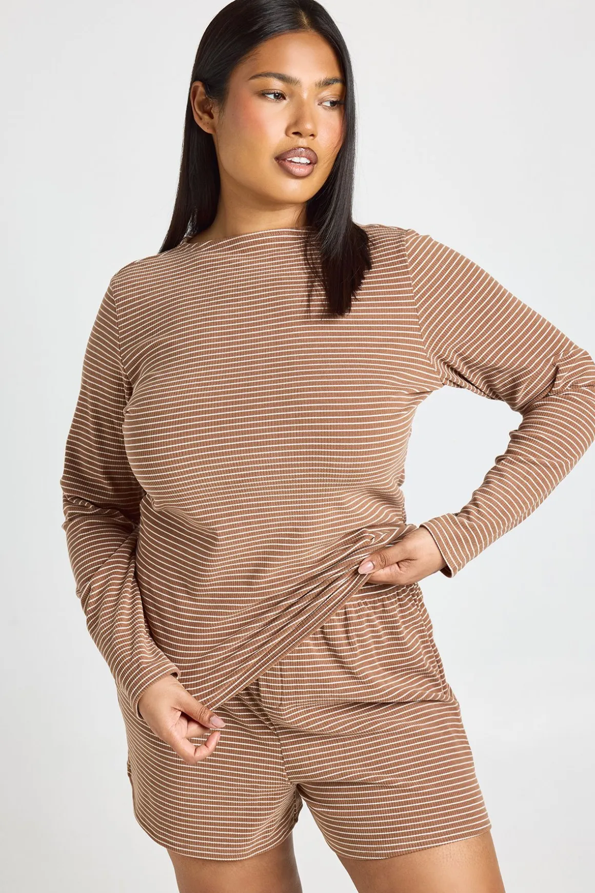 Ensemble Pyjama Grande Taille Côtelé Rayé Haut Manches Longues & Short