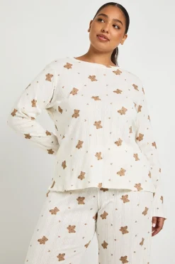 Ensemble Pyjama Grande Taille Haut Manches Longues Et Pantalon Motif Ours En Pointelle