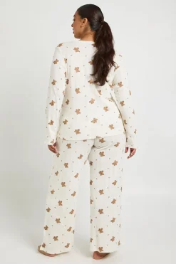 Ensemble Pyjama Grande Taille Haut Manches Longues Et Pantalon Motif Ours En Pointelle