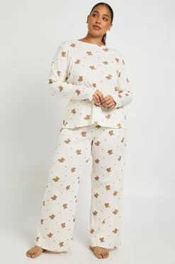 Ensemble Pyjama Grande Taille Haut Manches Longues Et Pantalon Motif Ours En Pointelle