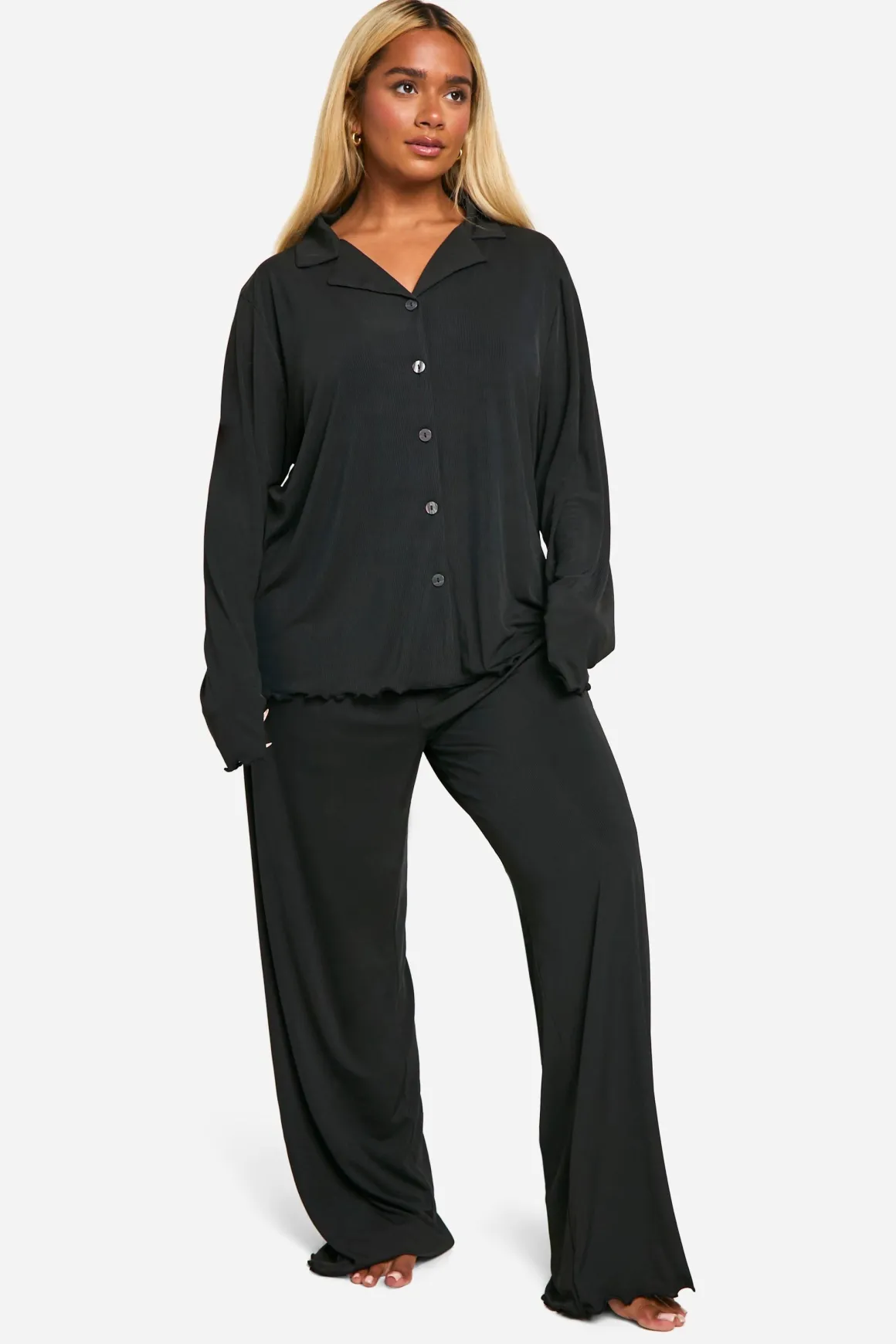 Ensemble Pyjama Grande Taille Côtelé Avec Pantalon À Boutons Devant