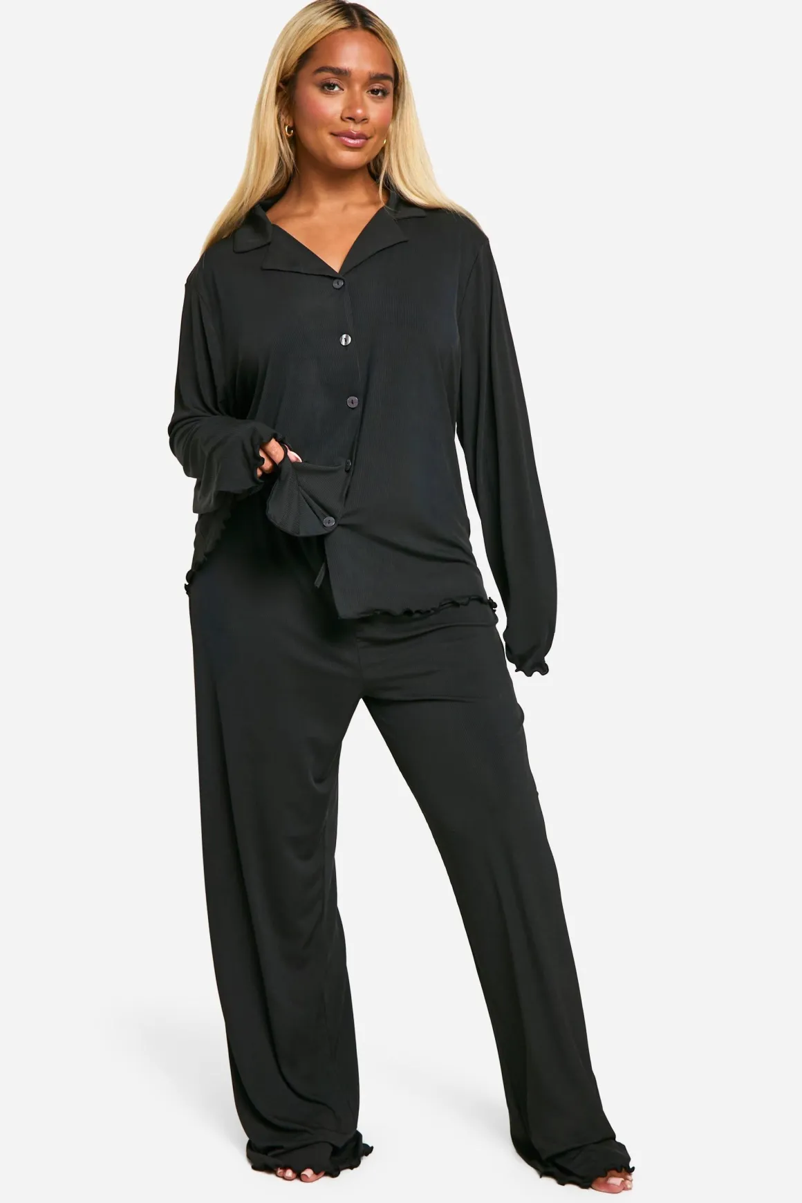 Ensemble Pyjama Grande Taille Côtelé Avec Pantalon À Boutons Devant
