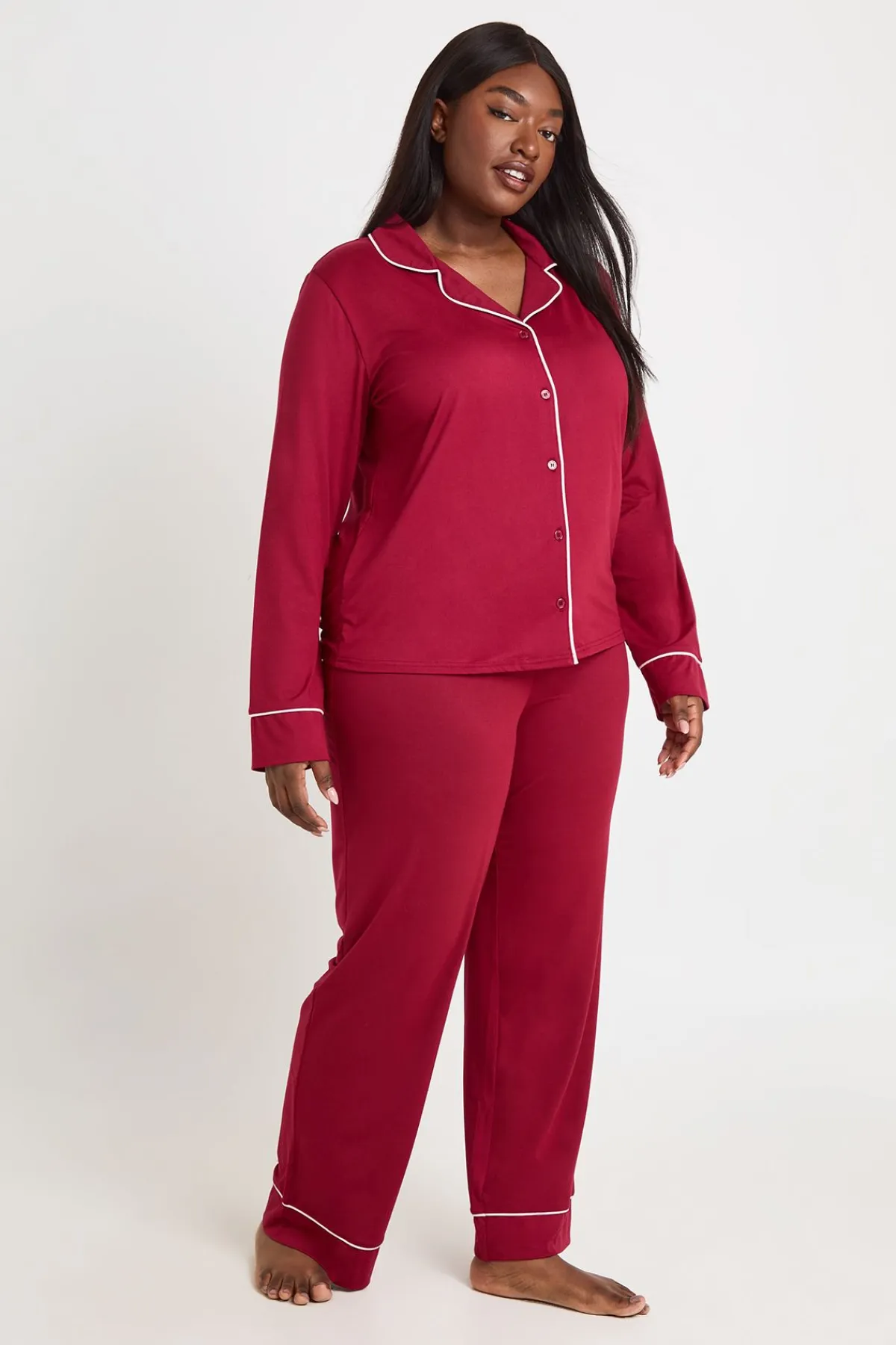 boohoo Ensemble Pyjama Grande Taille Chemise Et Pantalon À Manches Longues Avec Détail De Passepoil<Femme Pyjamas