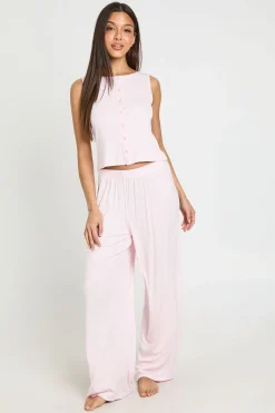 Ensemble Pyjama Haut Côtelé Boutonné Sans Manches Et Pantalon Large