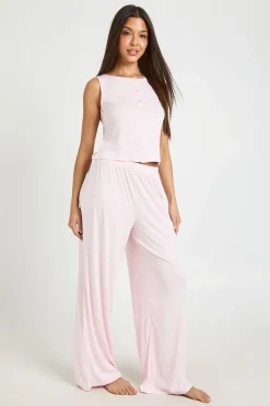 Ensemble Pyjama Haut Côtelé Boutonné Sans Manches Et Pantalon Large