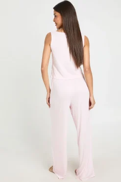 Ensemble Pyjama Haut Côtelé Boutonné Sans Manches Et Pantalon Large