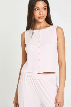 Ensemble Pyjama Haut Côtelé Boutonné Sans Manches Et Pantalon Large