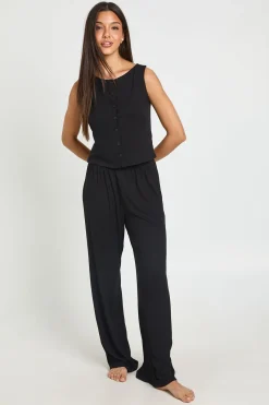 boohoo Ensemble Pyjama Haut Côtelé Boutonné Sans Manches Et Pantalon Large<Femme Pyjamas
