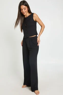 boohoo Ensemble Pyjama Haut Côtelé Boutonné Sans Manches Et Pantalon Large<Femme Pyjamas
