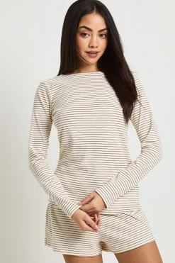 Ensemble Pyjama Haut À Manches Longues Et Short En Jersey Côtelé Doux À Rayures