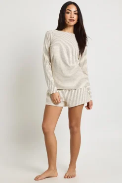 Ensemble Pyjama Haut À Manches Longues Et Short En Jersey Côtelé Doux À Rayures