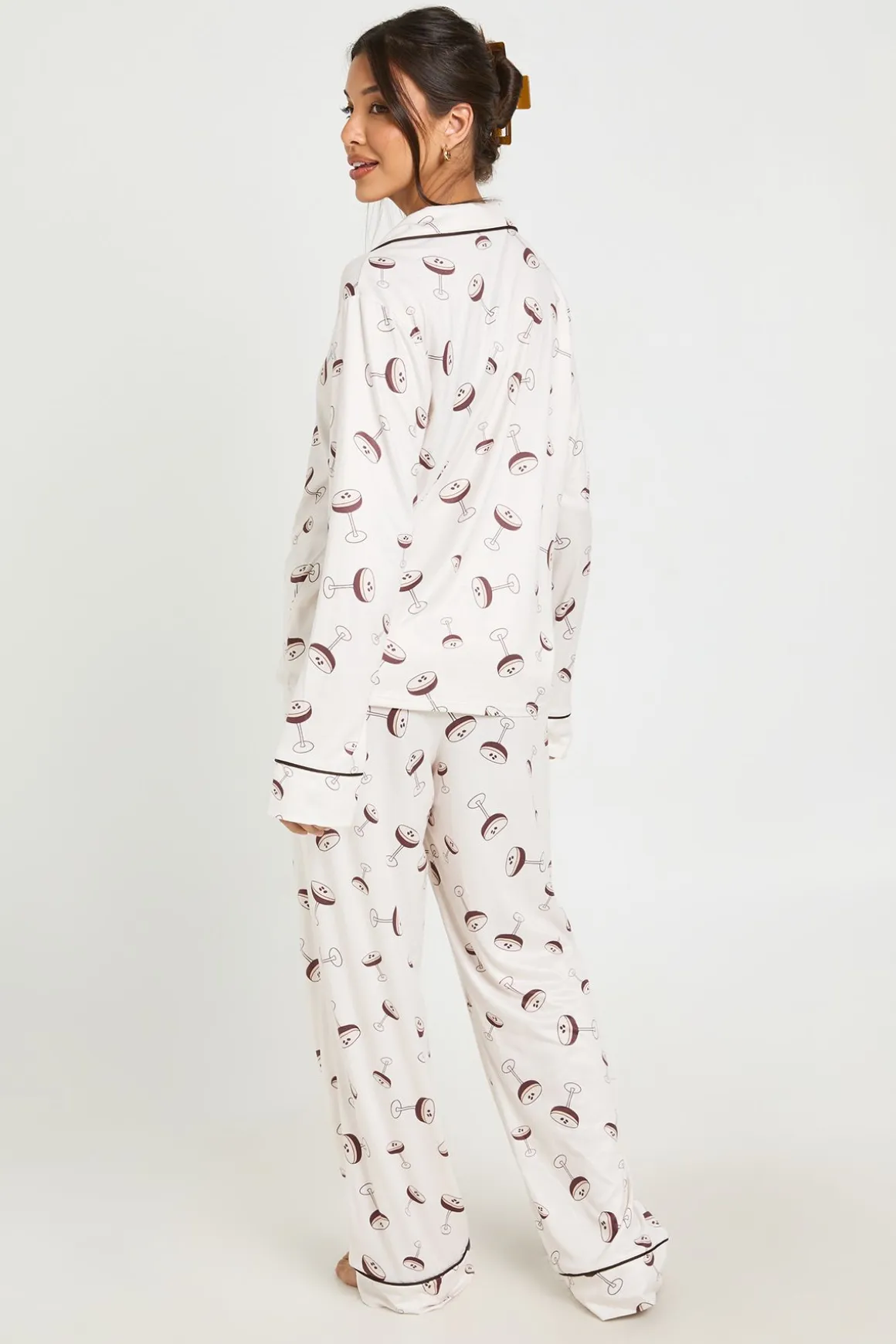 Ensemble Pyjama Imprimé Espresso Martini Avec Passepoil Contrastant, Haut À Manches Longues Et Pantalon