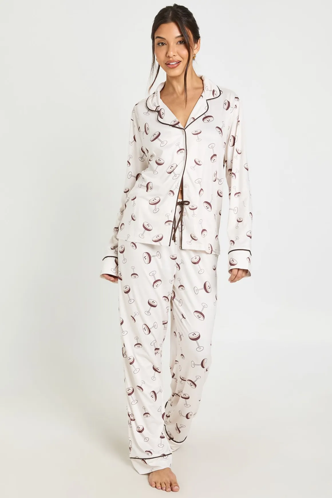 Ensemble Pyjama Imprimé Espresso Martini Avec Passepoil Contrastant, Haut À Manches Longues Et Pantalon