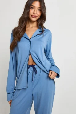 boohoo Ensemble Pyjama Jersey à Détails Passepoil Chemise Manches Longues & Pantalon<Femme Pyjamas