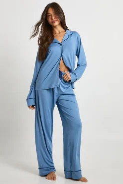 boohoo Ensemble Pyjama Jersey à Détails Passepoil Chemise Manches Longues & Pantalon<Femme Pyjamas