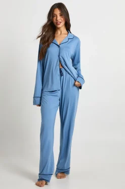 boohoo Ensemble Pyjama Jersey à Détails Passepoil Chemise Manches Longues & Pantalon<Femme Pyjamas