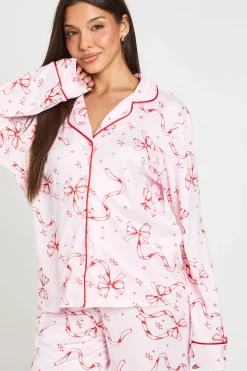 Ensemble Pyjama À Manches Longues Et Pantalon Avec Imprimé Nœuds Et Détails Passepoilés