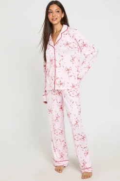 Ensemble Pyjama À Manches Longues Et Pantalon Avec Imprimé Nœuds Et Détails Passepoilés