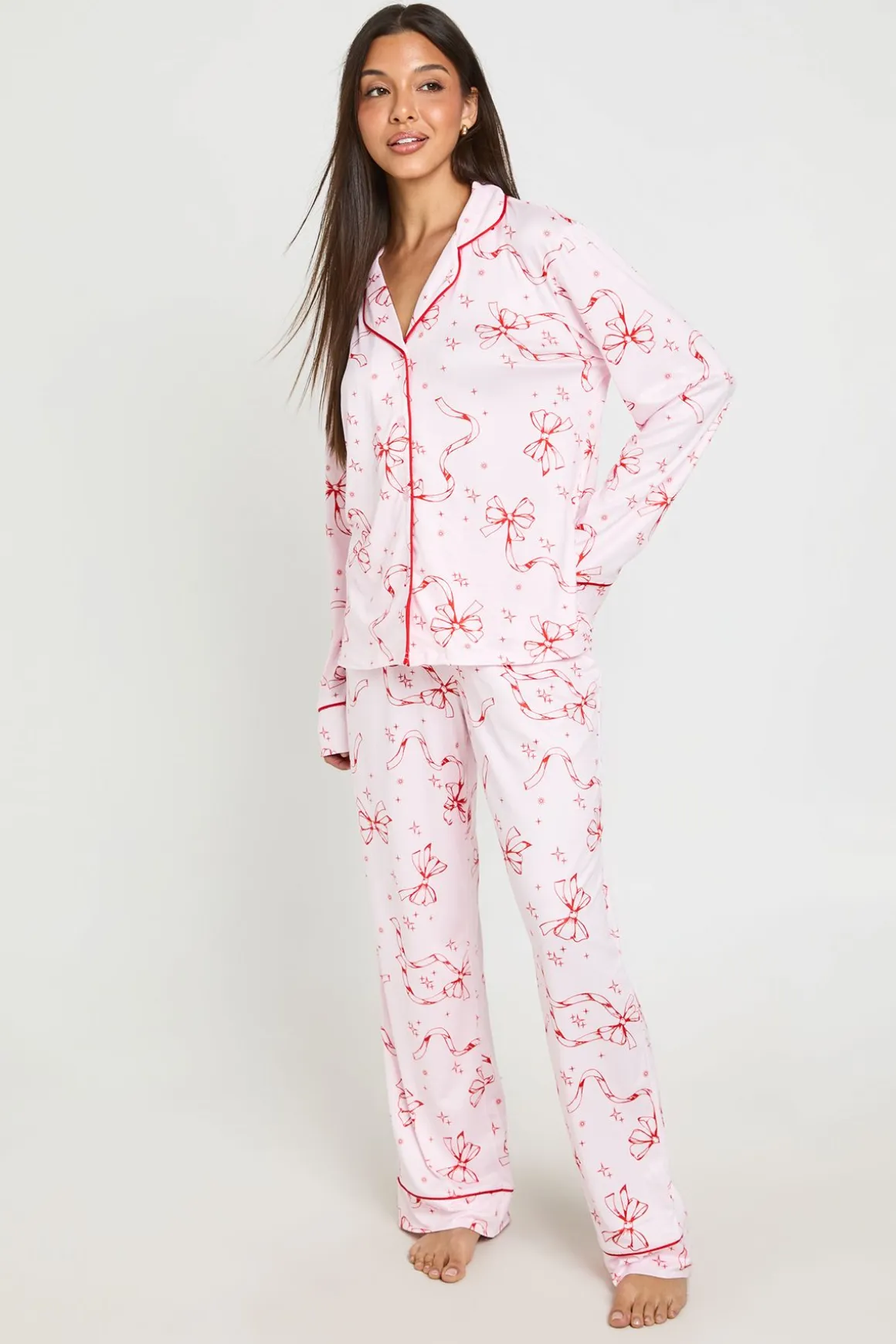 Ensemble Pyjama À Manches Longues Et Pantalon Avec Imprimé Nœuds Et Détails Passepoilés