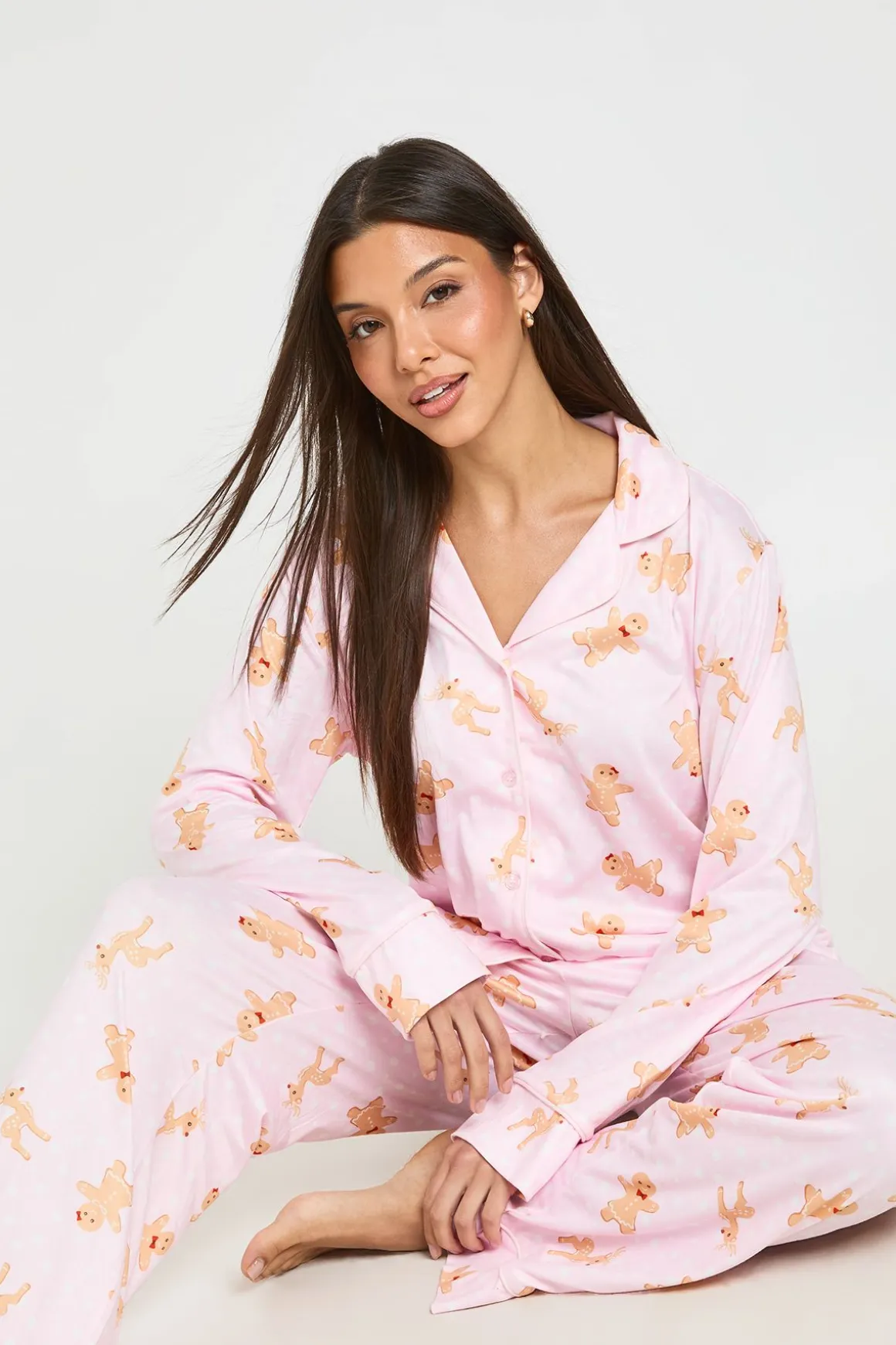 Ensemble Pyjama À Manches Longues Et Pantalon Avec Imprimé Pain D'épices De Noël Et Détails Passepoilés