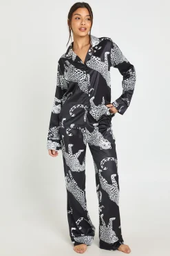 Ensemble Pyjama Pantalon Et Haut À Manches Longues En Satin Imprimé Léopard Avec Passepoil Contrasté