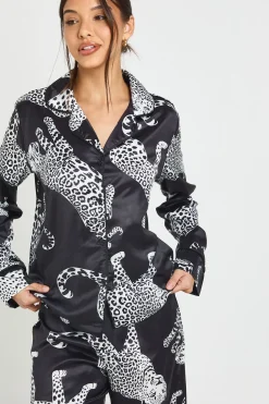Ensemble Pyjama Pantalon Et Haut À Manches Longues En Satin Imprimé Léopard Avec Passepoil Contrasté
