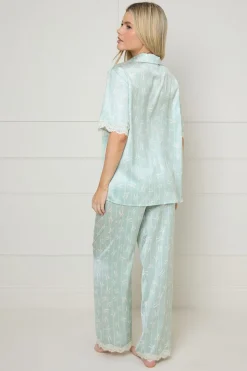 Ensemble Pyjama Pantalon À Nœuds Sauge Avec Finitions Dentelle