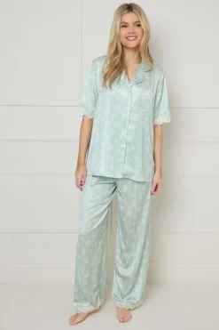 Ensemble Pyjama Pantalon À Nœuds Sauge Avec Finitions Dentelle