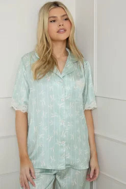 Ensemble Pyjama Pantalon À Nœuds Sauge Avec Finitions Dentelle