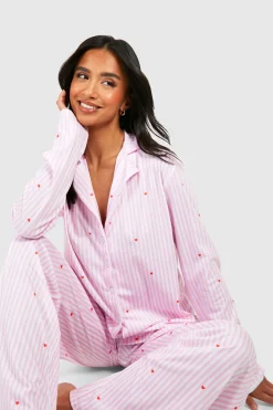 Ensemble Pyjama Petite Chemise À Manches Longues Et Pantalon À Rayures Fines Et Imprimé Cœurs