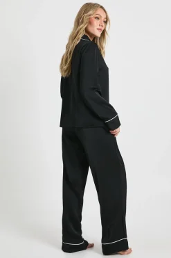 Ensemble Pyjama Petite Chemise Et Pantalon À Manches Longues En Satin Avec Détails Passepoilés
