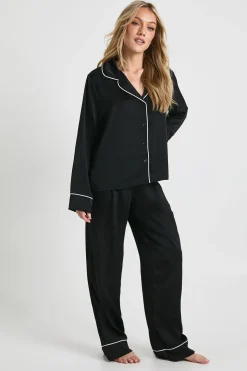 Ensemble Pyjama Petite Chemise Et Pantalon À Manches Longues En Satin Avec Détails Passepoilés