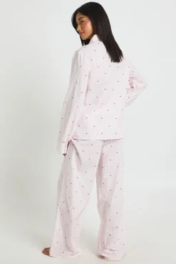 Ensemble Pyjama Petite Chemise Et Pantalon À Manches Longues En Popeline De Coton À Rayures Fines Et Motif Cœurs