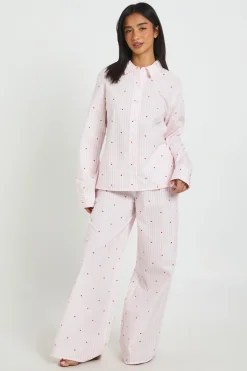 Ensemble Pyjama Petite Chemise Et Pantalon À Manches Longues En Popeline De Coton À Rayures Fines Et Motif Cœurs