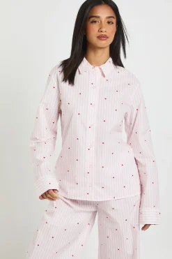 Ensemble Pyjama Petite Chemise Et Pantalon À Manches Longues En Popeline De Coton À Rayures Fines Et Motif Cœurs