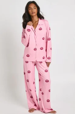 Ensemble Pyjama Petite À Manches Longues Avec Imprimé Citrouilles D'halloween Chemise & Pantalon