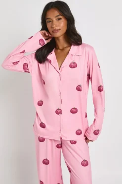 Ensemble Pyjama Petite À Manches Longues Avec Imprimé Citrouilles D'halloween Chemise & Pantalon