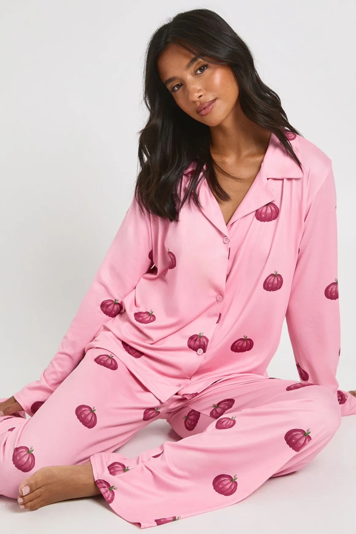 Ensemble Pyjama Petite À Manches Longues Avec Imprimé Citrouilles D'halloween Chemise & Pantalon