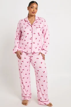 Ensemble Pyjama 3 Pièces Grande Taille Chemise À Manches Longues Et Pantalon Imprimé Cœurs Cerises