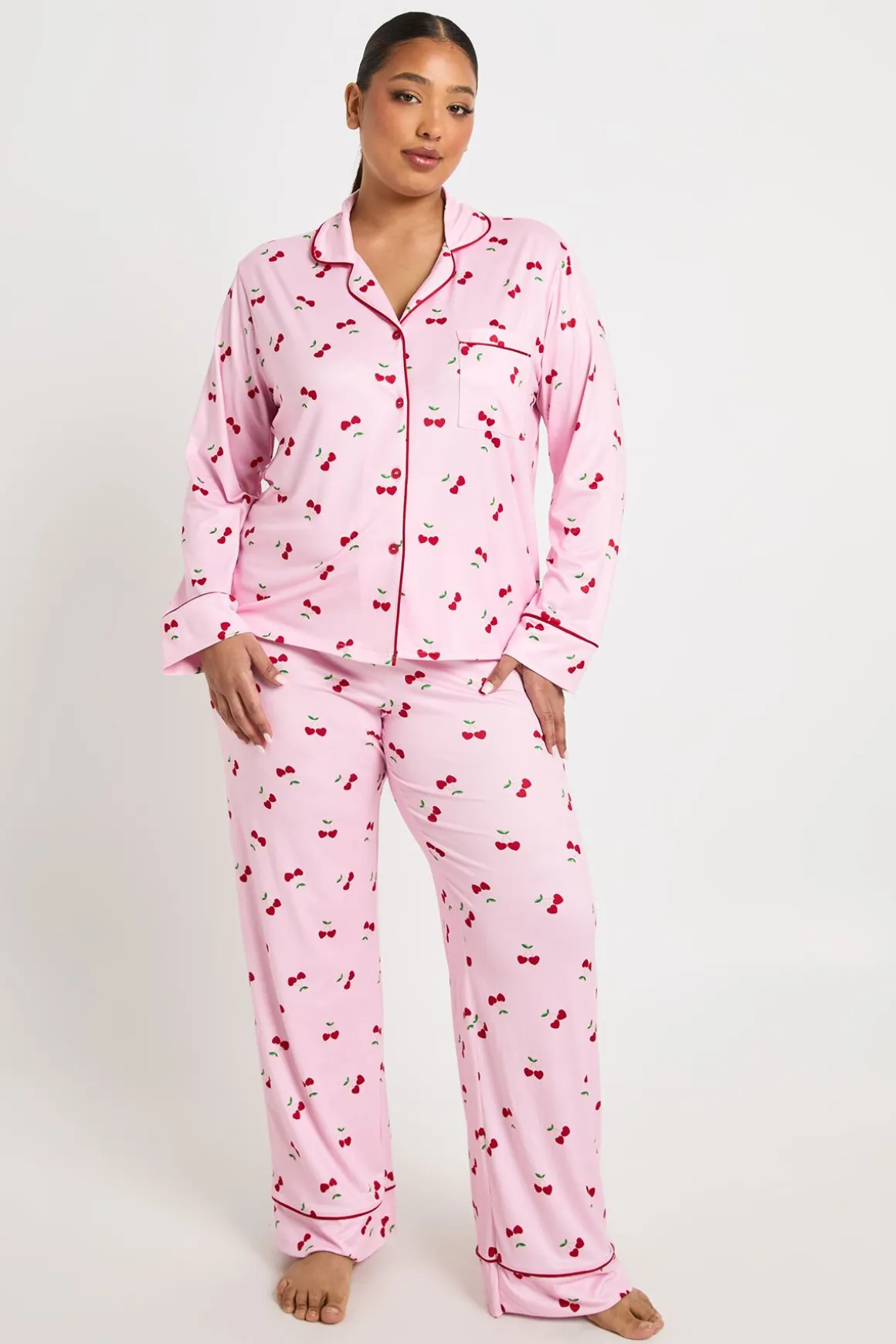 Ensemble Pyjama 3 Pièces Grande Taille Chemise À Manches Longues Et Pantalon Imprimé Cœurs Cerises