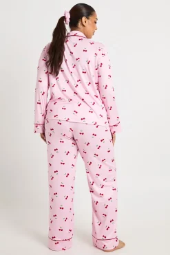 Ensemble Pyjama 3 Pièces Grande Taille Chemise À Manches Longues Et Pantalon Imprimé Cœurs Cerises