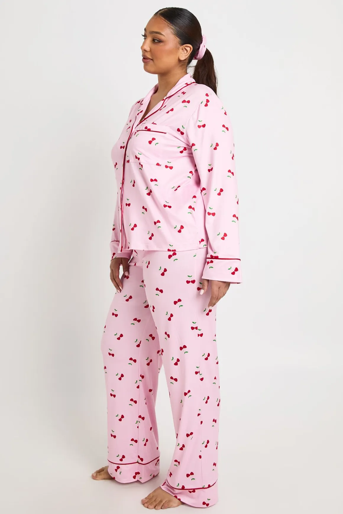 Ensemble Pyjama 3 Pièces Grande Taille Chemise À Manches Longues Et Pantalon Imprimé Cœurs Cerises