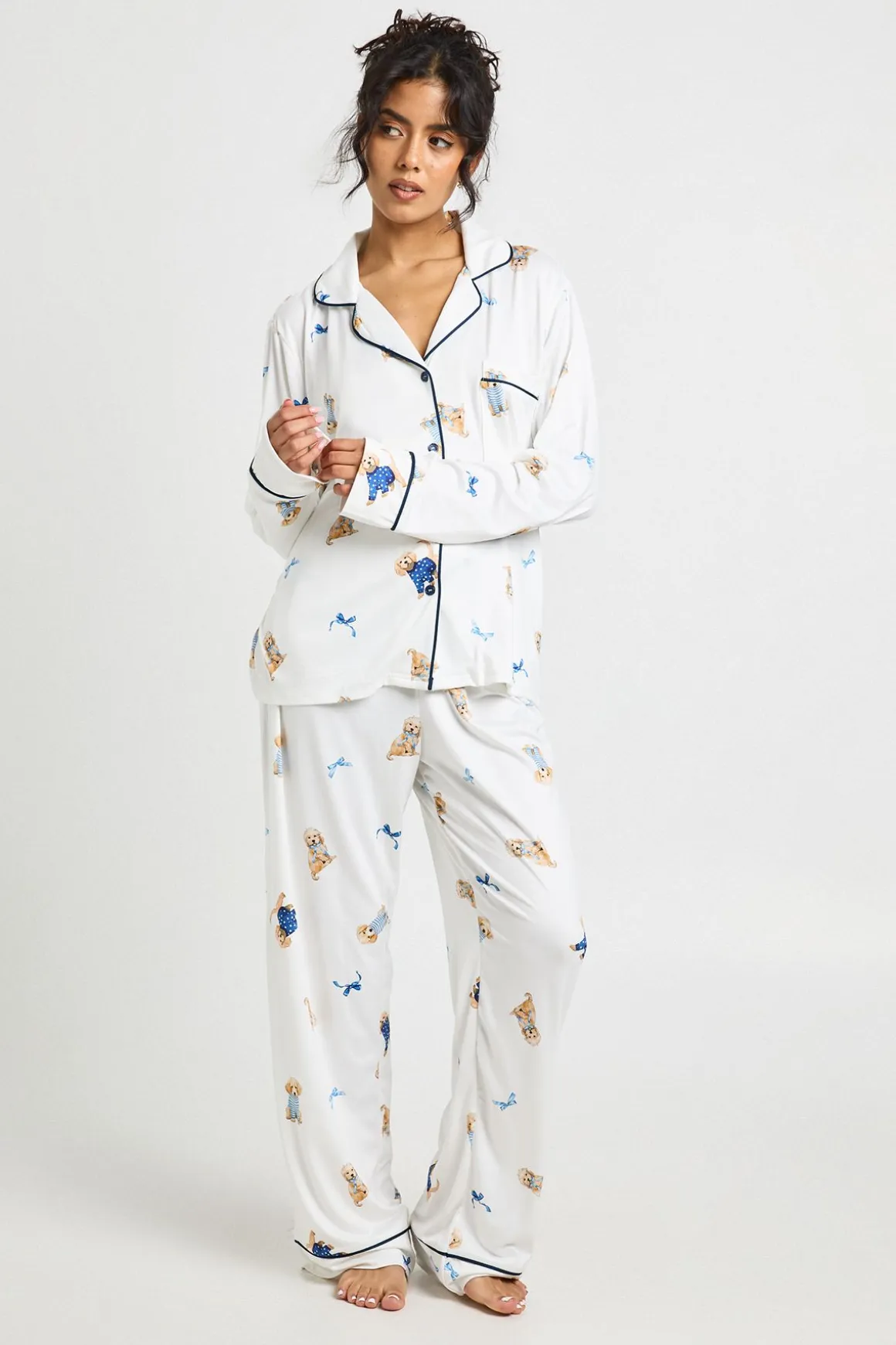 Ensemble Pyjama 3 Pièces Manches Longues Motif Chiot Nœud Papillon