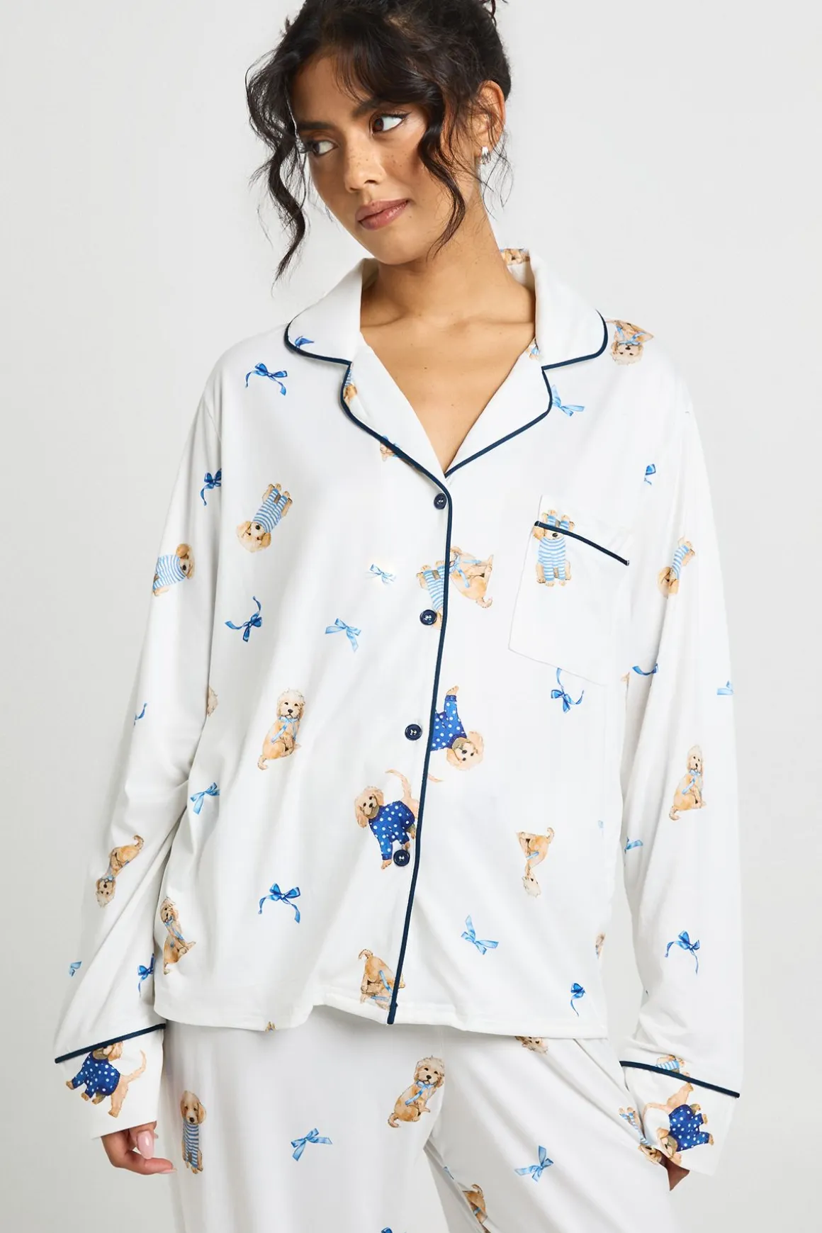 Ensemble Pyjama 3 Pièces Manches Longues Motif Chiot Nœud Papillon