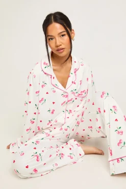 Ensemble Pyjama 3 Pièces Petite Taille Imprimé Cerises Haut Manches Longues & Pantalon