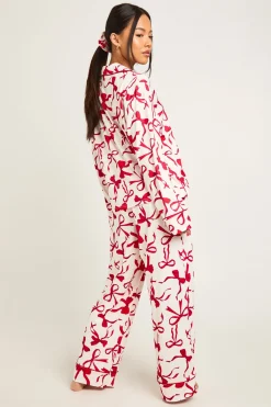 boohoo Ensemble Pyjama 3 Pièces Petite Chemise Manches Longues Imprimé Nœuds Oversize & Pantalon<Femme Pyjamas