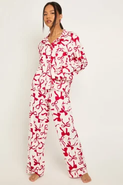 boohoo Ensemble Pyjama 3 Pièces Petite Chemise Manches Longues Imprimé Nœuds Oversize & Pantalon<Femme Pyjamas